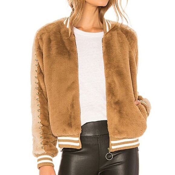 MOTHER The Letterman Faux Fur Bomber Jacket M